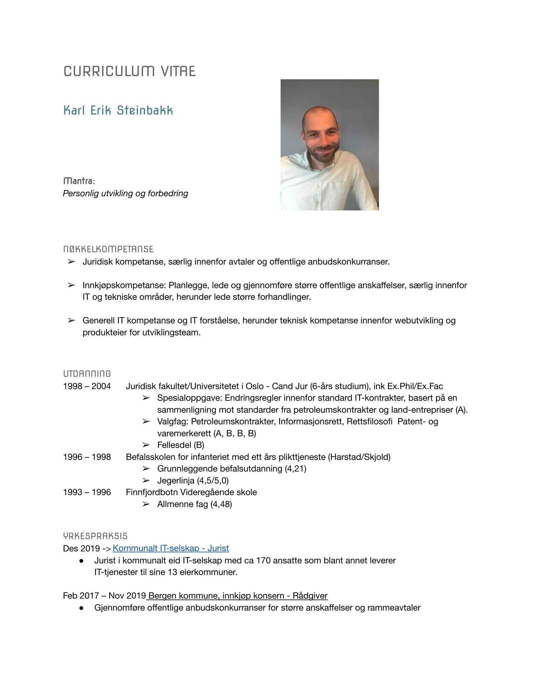 CV for Karl Erik Steinbakk — Side 1